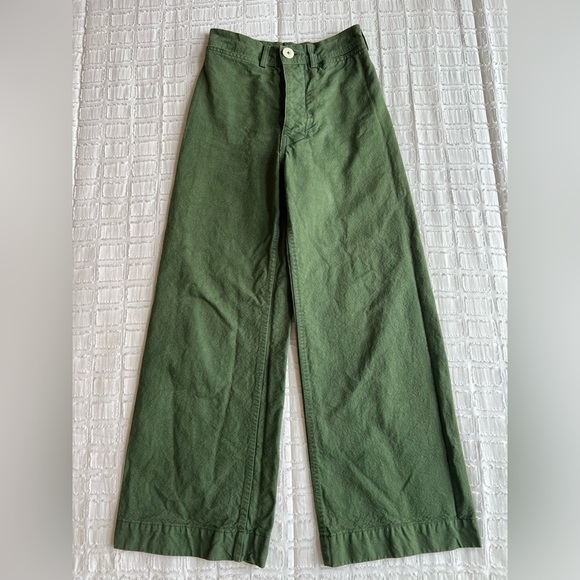 Jesse Kamm Pants - Jesse Kamm Sailor Pants High Rise Wide Leg Button Fly Olive Green Organic Cotton
